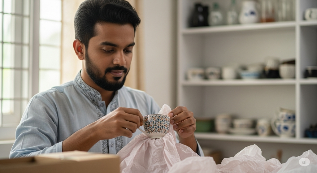 A-Bangladeshi-man-carefully-wrapping-a-delicate-ceramic-teacup-with-shelves-of-glassware-in-the-background