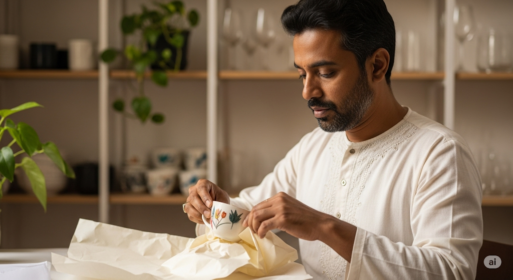 A Bangladeshi man carefully wrapping a delicate ceramic teacup