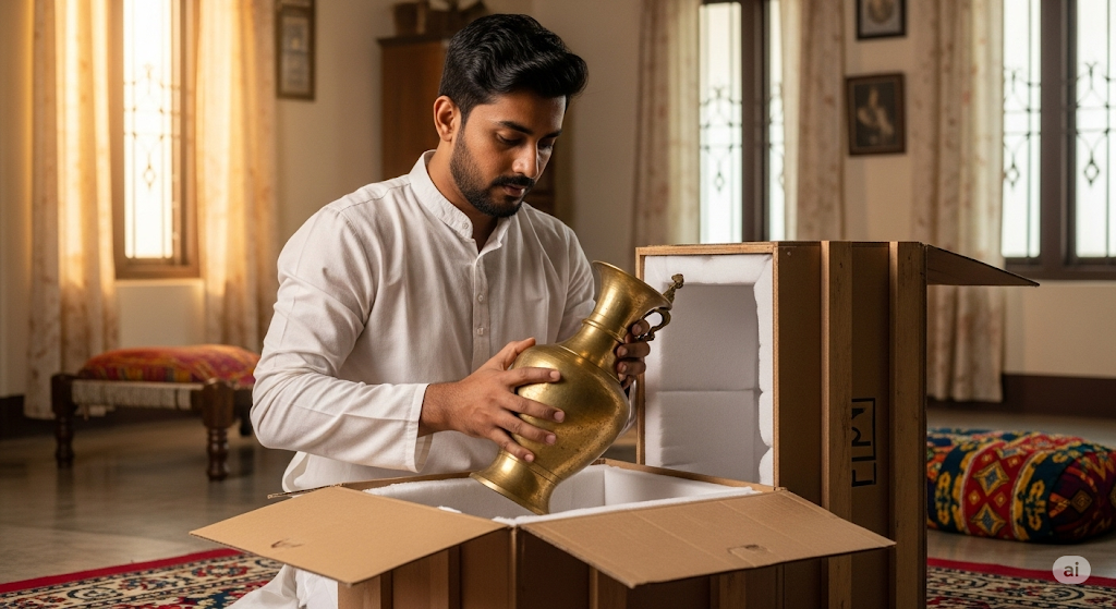 A-Bangladeshi-man-in-a-panjabi-carefully-packing-a-valuable-antique-brass-vase-into-a-custom-padded-wooden-crate
