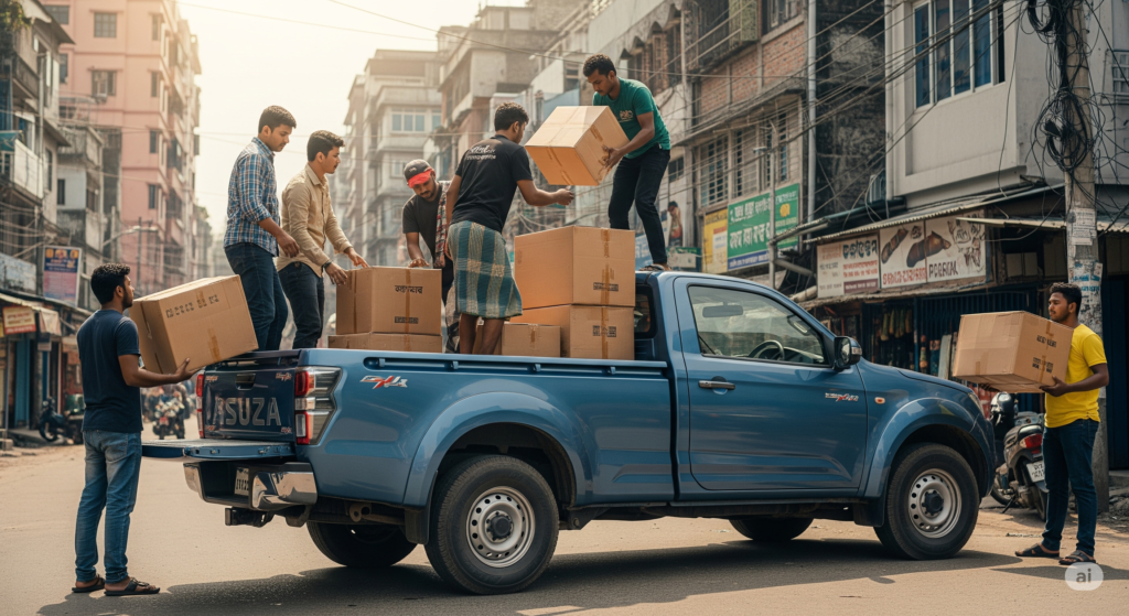 A blue pickup truck being loaded with boxes for a city move in Dhaka
