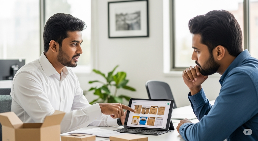 A professional from a Bangladeshi packaging service discussing options with a client in a modern office